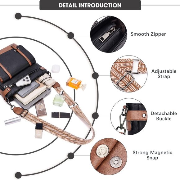 Women Crossbody Bag Vegan Leather Multi Pocket Travel Purse Adjustable Strap - Picture 5 of 6